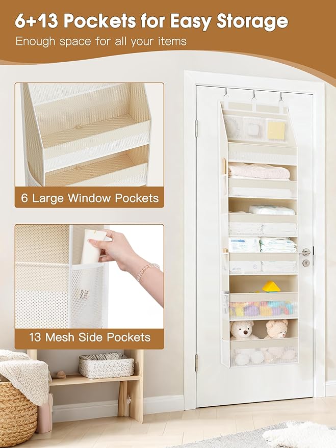 Over the Door Organizer, 6-Shelf Closet Hanging Storage with 13 Mesh Pockets, 55lbs Capacity Behind the Door Storage for Baby Nursery, Bathroom, Bedroom, and Dorm, Beige