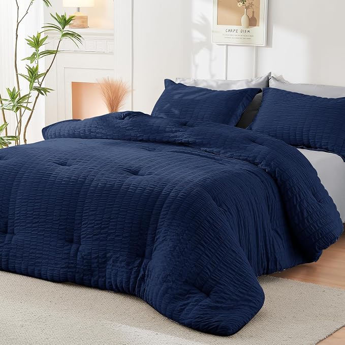HYMOKEGE Navy Blue/Light Grey Oversized King Comforter Set Seersucker 7 Pieces, All Season Luxury Bed in a Bag for Bedroom, Bedding Set with Comforter, Sheets, Pillowcases & Shams