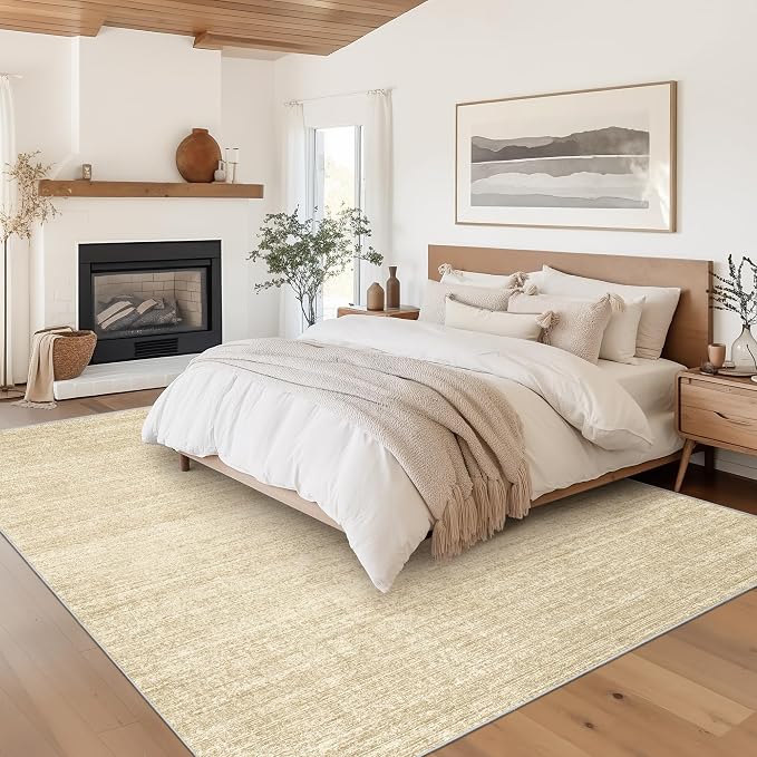 8x10 Area Rugs for Living Room, Large Washable Rug Non Slip, Tan | Soft Low Pile, Thin & Lighweight Carpet, Folable Stain Resistant Modern Indoor Floor Mat for Bedroom, Dining Room, Home Decor