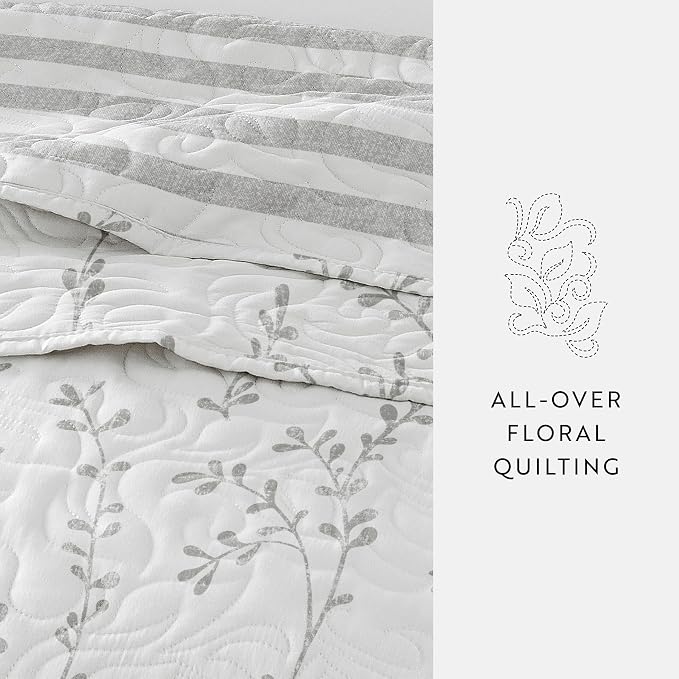 Merit Linens Soft Quilt Coverlet Bedding Set - Reversible Patterns - Full/Queen Light Gray