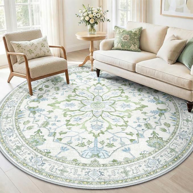 RELEANY Washable Area Rug, Round 6ft, Green/White/Blue | Non-Slip, Water Repellent, Pet Friendly, Easy to Clean, Vintage Floral Boho Decor for Living Room Bedroom Dining Room