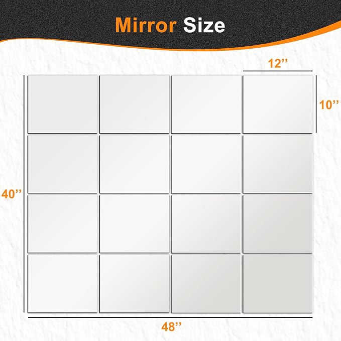 Frameless Mirror Tiles 12"x10"x16 Pcs Wall Mounted | Shatter Resistant, Full Length, Tempered Glass Panels, For Home Gym Bathroom Bedroom & Living Room Decor