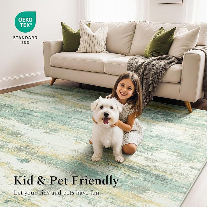 Rugflix 5x7 Area Rugs for Living Room, Washable Light Green Large Rug | Machine Washable; Stain-Resistant; Low Pile; Non-Slip; Modern Abstract; Carpet for Bedroom Dining Office Nursery Home