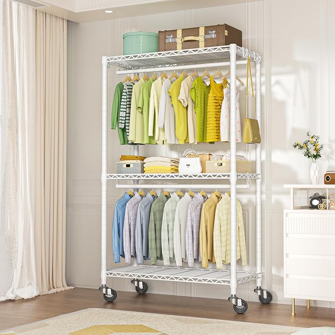 FUTASSI Rolling Clothes Rack, Clothing Racks for Hanging Clothes, White | P3 Heavy Duty Garment Rack with Wheels, Freestanding Portable Closet Racks 39.4'' W x 14'' D x 78.5'' H, Max Load 470 LBS