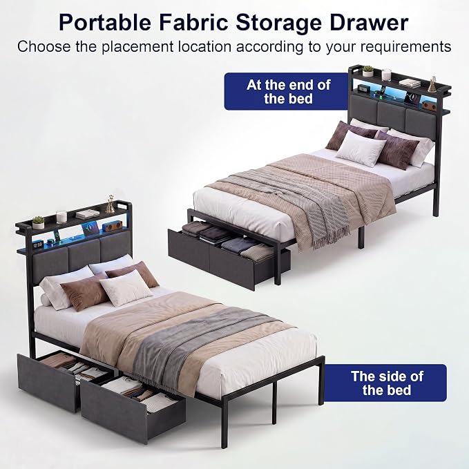 Twin Bed Frames with 2 Storage Drawers, Platform Bed with LED Lights & Charging Station, Upholstered Headboard with 2-Tier Shelves, Heavy Duty Metal Sltats, No Box Spring Needed, Noise Free