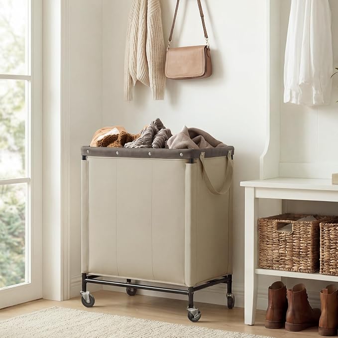 StorageWorks 2 Section Laundry Hamper, 120L Tan Sorter Cart with Wheels | 3 Section Laundry Hamper with Wheels, Tan Sorter Cart, Rolling Organizer for Bedroom, Bathroom, Apartment