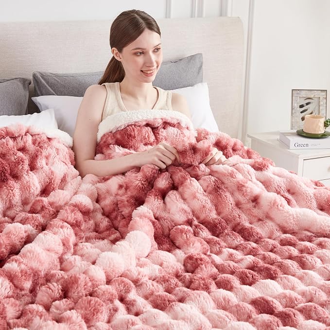 60x80 Inches Ultra-Soft Fuzzy Faux Fur Plush Twin Size Blanket - Thick, Warm Sherpa for Couch, Sofa, Bedroom, Camping - Decorative Blanket for Cozy Warmth, Bubble Dusty Rose Tie Dye