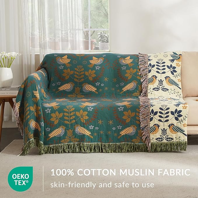Boho Throw Blanket for Couch Sofa Bed, 100% Cotton Woven Quilt with Tassel 60”x80”, Super Soft Muslin Blanket with Bird Printed, Decorative Reversible Bed Blanket/Cover for All Seasons