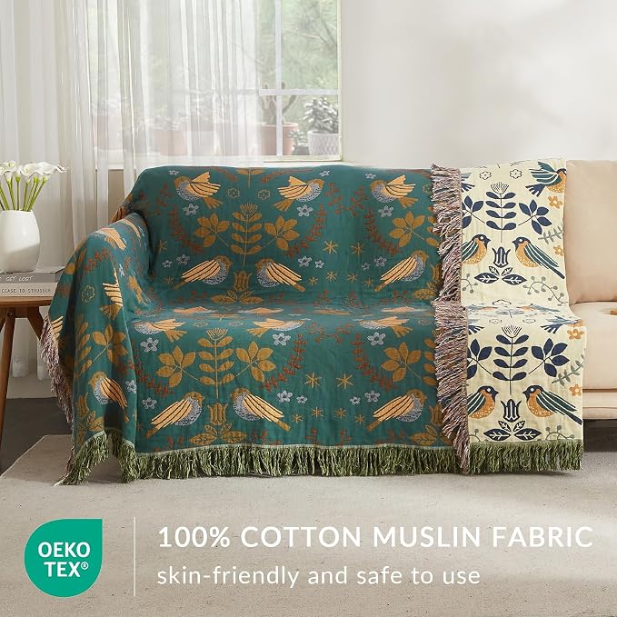 Boho Throw Blanket for Couch Sofa Bed, 100% Cotton Woven Quilt with Tassel 80”x90”, Super Soft Muslin Blanket with Bird Printed, Decorative Reversible Bed Blanket/Cover for All Seasons