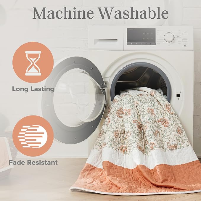 Madison Park 100% Cotton Quilt Set Floral Print, Double Sided Stitching, All Season, Lightweight Coverlet Shabby Chic Bedding Layer, Matching Shams, King/Cal King, Coral 6 Piece | Double-Sided Stitching Floral Design, All Season, with Shams, Bed Skirt,...