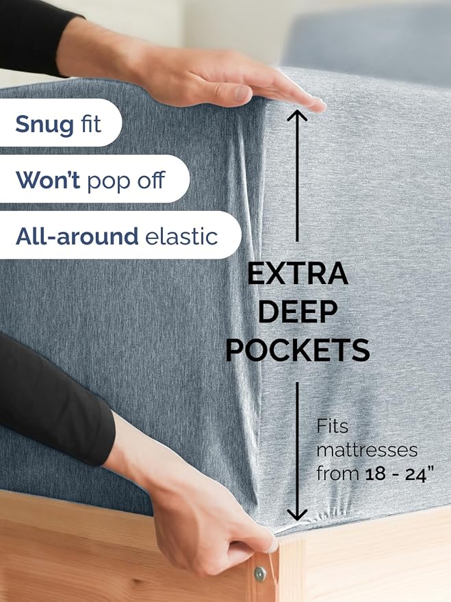 Extra Deep Twin Fitted Sheet - Single Fitted Sheet Only - Heathered Blue | Easily Fits 18 inch to 24 inch Mattress, Soft, Wrinkle Free, Breathable & Comfy, Extra Deep Pockets Hotel Luxury Fitted Sheet