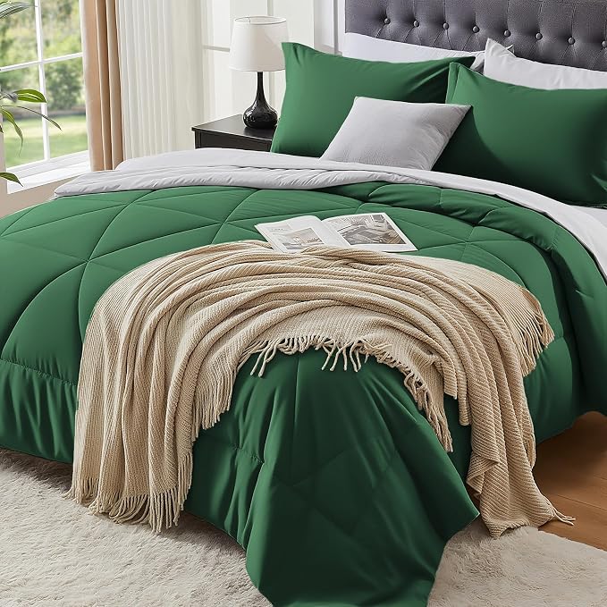 BEDELITE Queen Comforter Set 7 Pieces, Reversible Dark Green Bed in A Bag | Soft All Season Down-Alternative Comforter, Sheets, Pillowcases & Shams, OEKO-TEX Certified Bedding for Bedrrom, Guest Room