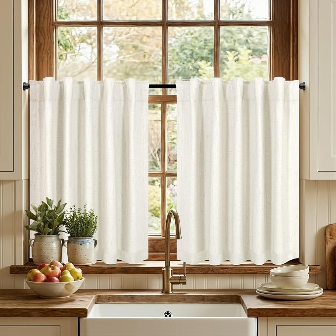 36 Inch Length Linen Blackout Curtains for Kitchen Windows Over Sink Boho Short RV Bedroom Small Curtain for Camper Room Darkening Thermal Insinuated Cafe Drapes Cream Ivory 2 Panels 42" W x 36" L
