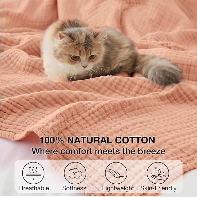 100% Cotton Muslin Blanket 50"x 60", 6 Layers Breathable and Lightweight Cotton Throw Blankets for Couch, Soft Cooling Summer Gauze Blanket for Adults All Season, Dusty Rose‌