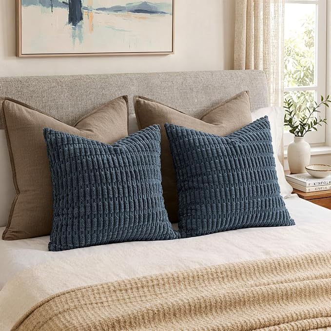 MIULEE Euro Sham Corduroy Decorative Throw Pillow Covers 24x24 Blue | Pack of 2 Soft Boho Striped Pillow Covers Modern Farmhouse Coastal Home Decor For Sofa Living Room Couch Bed