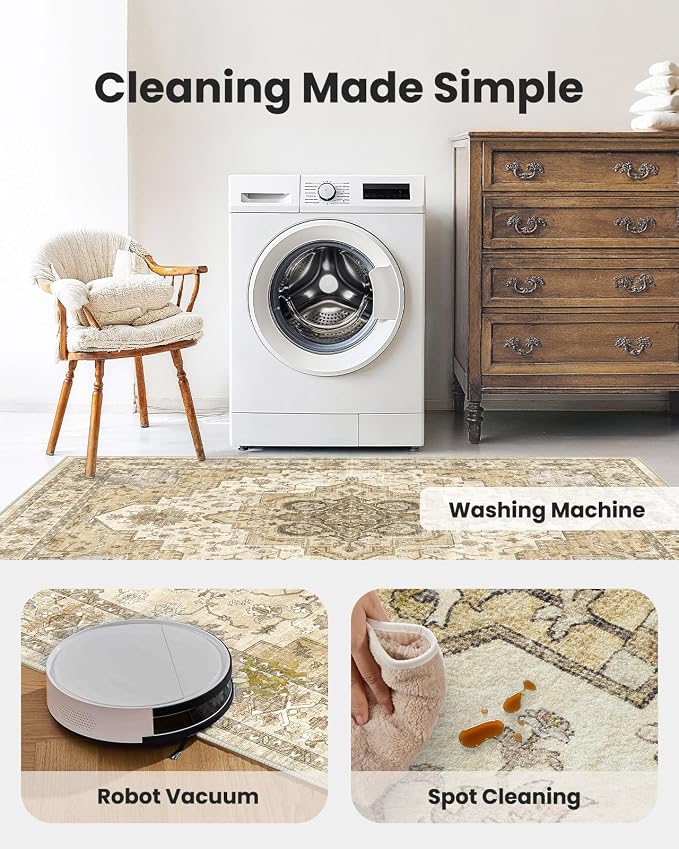 AMADA HOMEFURNISHING 8x10 Area Rug for Living Room, Vintage Washable Area Rug Low-Pile & Non-Slip Carpet for Bedroom Dining Room Nursery Home Office, Beige/Cream
