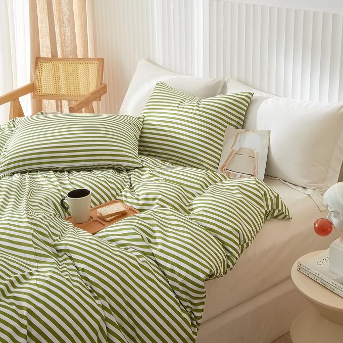 LifeTB Striped Comforter Set Full Size 3 Piece Soft Fluffy Green White Stripes Pattern Printed Bedding Set Lightweight Breathable Comforter Set Farmhouse Striped Bedding Comforter with 2 Pillowcases
