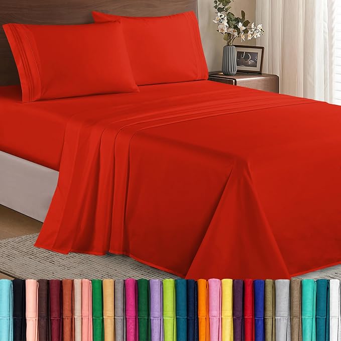 Elegant Comfort Luxury Soft 1500 Premier Egyptian 4-Piece Premium Hotel Quality Wrinkle Resistant Coziest Bedding Set, All Around Elastic Fitted Sheet, Deep Pocket up to 16inch, Queen, Red