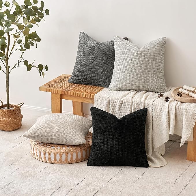 MIULEE Decorative Couch Throw Pillow Covers 18x18 Inch Black 2 Pack | Modern Boho Accent, Soft Chenille Pillow Covers, Farmhouse Cushion Cases for Home Decor Bed Sofa Living Room