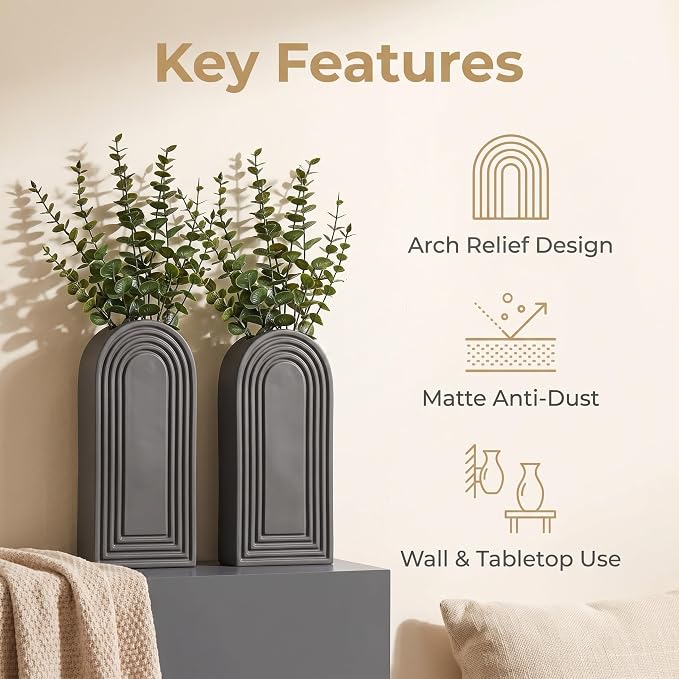 Dnnnii 2 Pack Wooden Wall Vase Set - Gray Finish Modern Farmhouse & Boho Wall Decor for Entryway, Hallway, Bathroom, Living Room, Dining Room, Narrow Spaces