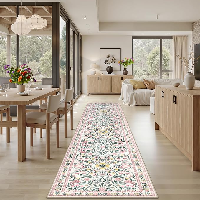 PLHXFR 2.6x10 Washable Runner Rug：Floral Indoor Kitchen Carpet Pink Green | For Hallway Bedroom Kitchen Laundry Bathroom Dorm,Vintage Floral,Machine washable,Non Slip,Stain Resistant,Indoor Floor