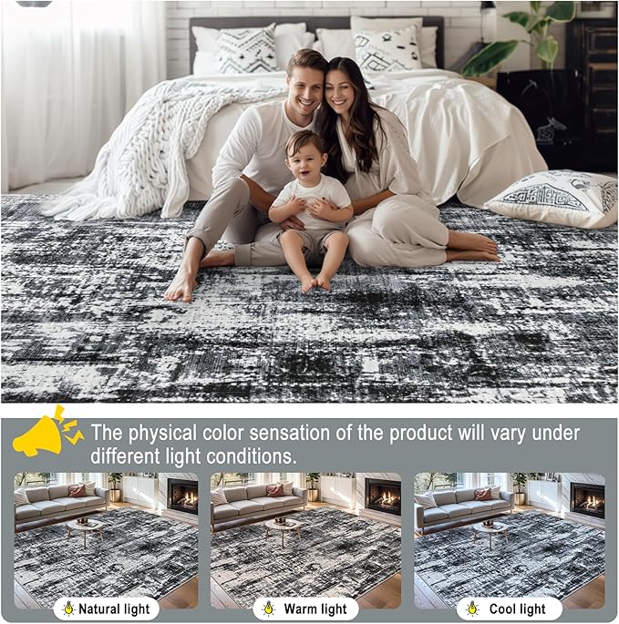PLHXFR 9x12 Area Rug Living Room: Modern Abstract Washable Carpet Black | For Bedroom Dining Room Farmhouse Nursery Home,Machine washable,Non Slip,Large Soft Neutral,Stain Resistant, Indoor Floor