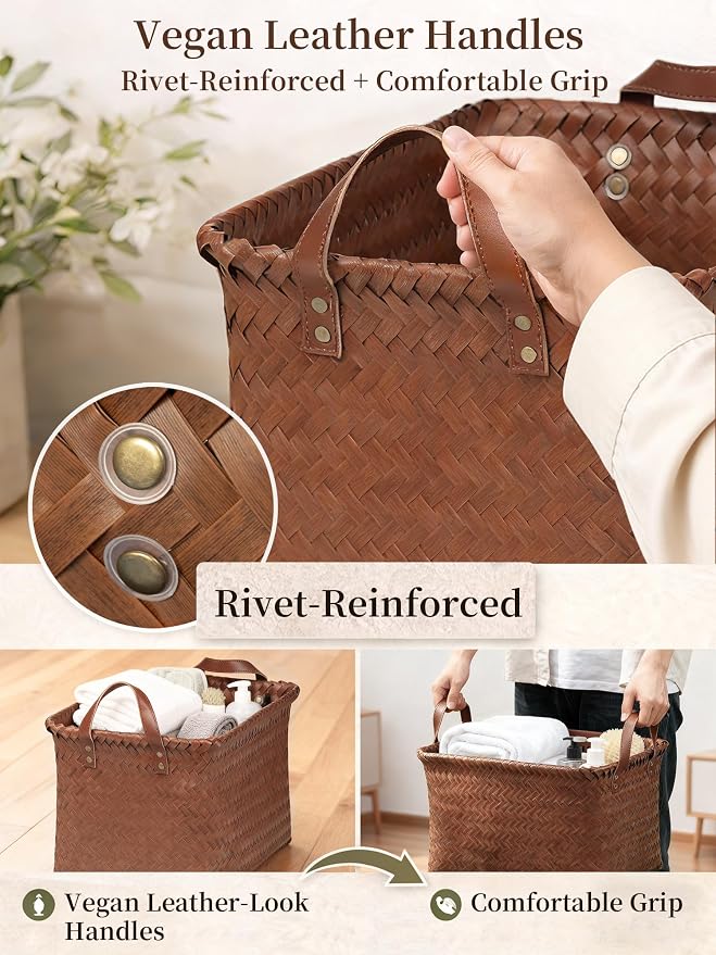 Wicker Storage Baskets, 4 Pack Woven Baskets for Shelves, Brown | PP Rattan, Water-resistant Wicker Basket, Large Baskets with Faux Leather Handles for Blanket, Laundry Organizer, Room Decor