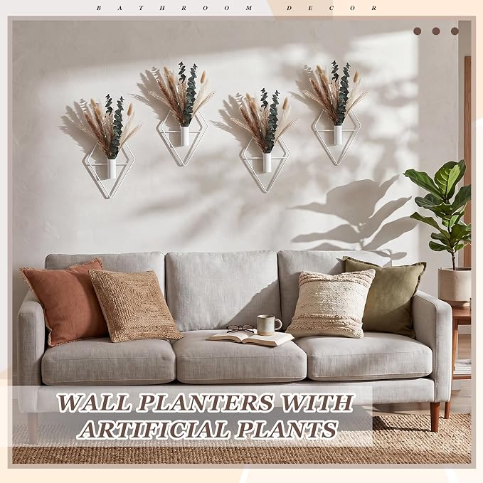 Jexine 8 Pcs Hanging Planters with Artificial Pampas Metal Hanging Vase Indoor Plants Holder Modern Geometric Boho Bathroom Wall Decor for Living Room Home Office(White)
