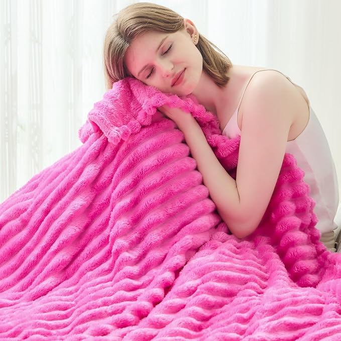 NEWCOSPLAY Fleece Ribbed Cozy King Blanket for Couch, Hot Pink, 90"x110" | Premium Silky Flannel Blanket, Soft Lightweight Fluffy Throw Blanket for Bed Sofa Decor, Gift for All Season Use