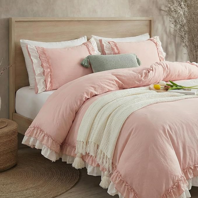 Bedorm Ruffle Duvet Cover Twin Coquette Bedding Ultra Soft Breathable Shabby Chic Bedding Pink Ruffled Duvet Cover Set Cute Comforter Cover