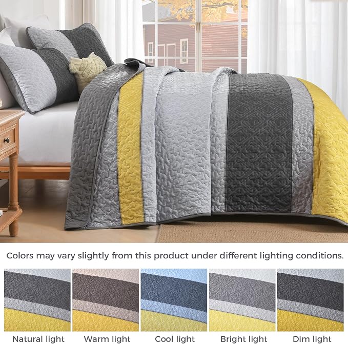 Cottolester Boho King Size Quilt Set,Yellow Grey Striped Bedsperad Coverlet | Lightweight Coverlet Set with 2 PillowShams,All Seasons Microfiber Quilt Bedding Sets for Bedroom Guest Room 110"x90"