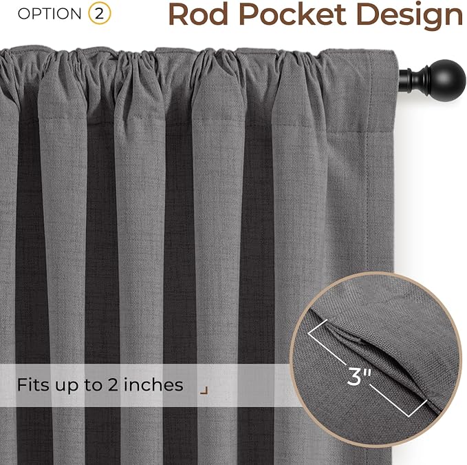 INOVADAY 100% Blackout Linen Curtains for Bedroom 50x90 Inches Dark Grey | Linen Textured, Light Blocking, Room Darkening, Thermal Insulated, Back Tab Top, Window Curtains for Living Room, 2 Panels