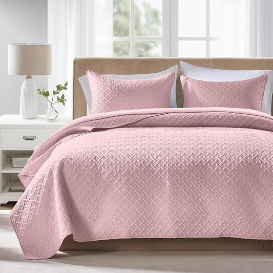 FLYMME Queen Quilt Bedding Set Pink Lightweight Bedspreads Full Size,Soft Microfiber Bed Coverlet for All Season (1 Quilt, 2 Shams)