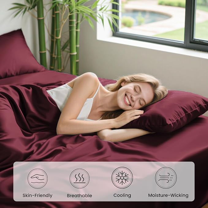 Love's cabin 3 Piece Twin Sheet Set, 100% Rayon Derived from Bamboo, Cooling & Breathable, Soft Silky Deep Pocket up to 16", Hotel Luxury Bedding for Hot Sleepers, Burgundy