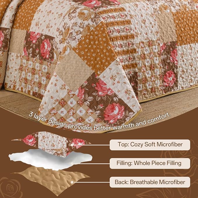 Quilt Set Queen Size, Brown Orange Patchwork Fall Bedding Set | Farmhouse Floral Plaid Bedding Set with Red Flower Pattern, 3 Pieces Soft Microfiber Reversible Bed Cover for All Season