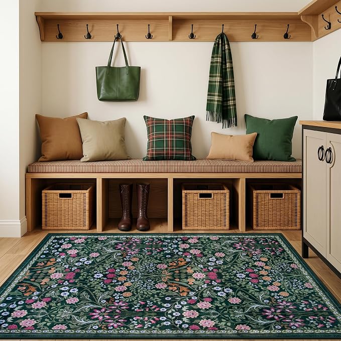 PLHXFR Area Rug Living Room: 3x5 Floral Washable Boho Carpet Dark Green | For Bedroom Dining Room Farmhouse Nursery Hallway,Vintage Floral,Machine washable,Non Slip,Stain Resistant,Large Indoor
