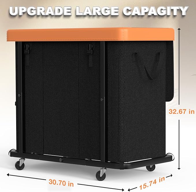 Laundry Basket with Wheels, 230L Leather Patchwork Laundry Sorter 3 Section | Sturdy Metal Frame, Removable Washable Bag, Tall Clothes Sorter for Bedroom - Black