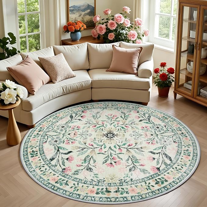 PLHXFR Round Area Rug Living Room: 6 ft Floral Washable Carpet Green Beige | For Bedroom Dining Room Farmhouse Nursery Hallway,Vintage Floral,Machine washable,Non Slip,Stain Resistant,Large Indoor
