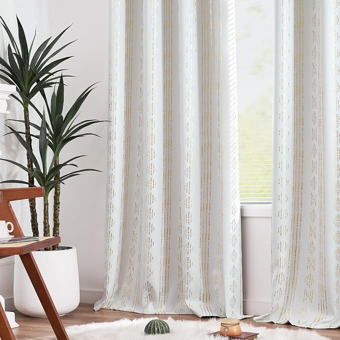 jinchan Boho Blackout Curtains 84 Inches Long for Bedroom Living Room | Gold on Off White Geometric Grommet Curtains Room Darkening Thermal Insulated Window Treatments 2 Panels