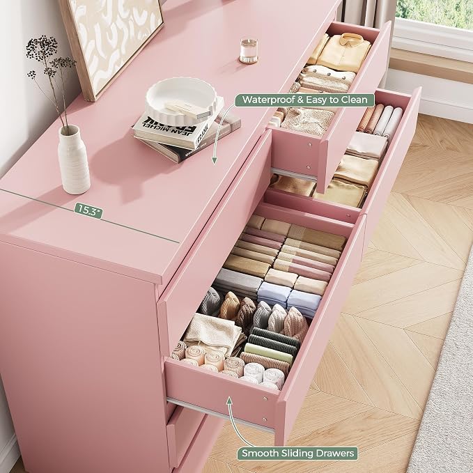 MapleGrace Modern 8 Drawer Dresser, Simply Chest of Drawers for Bedroom, Wooden Storage Dresser with Deep Drawers for Living Room/Hallway/Entryway (Pink)