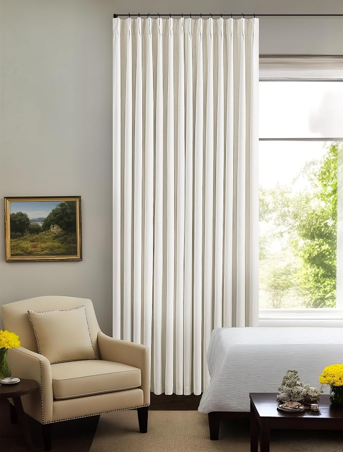 Natural Linen 100% Blackout Pinch Pleated Curtains 112 Inch Long | Room Darkening Thermal Insulated, Pinch Pleat Back Tab, Extra Long Curtains, for High Ceiling Living Room Bedroom 2 Panels