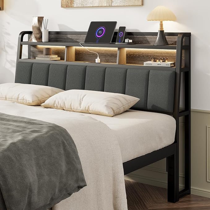 Queen Headboard Only with Storage, Charging Station, Black & Grey | Upholstered Headboards for Queen Size Bed with LED Light, Height Adjustable, Sturdy and Stable Headboard