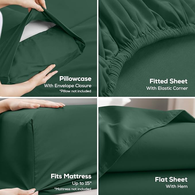 Twin Sheet Set, 3 Pieces 16" Deep Pocket Hotel Luxury Sheets, Emerald Green | Extra Soft Bedsheet Set, Comfy & Breathable Cooling Sheets, Wrinkle & Fade Resistant, Fitted Sheet, Flat Sheet, 1 Pillowcase