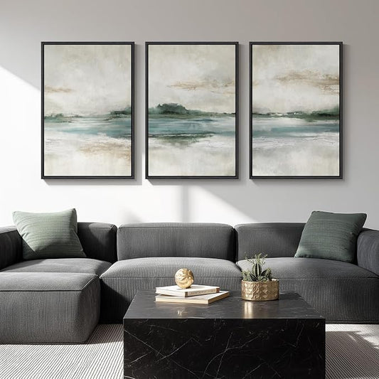 Large Framed Blue Green Abstract Landscape Wall Art, 3 Piece Set, 20x30 In | Soft nature lake picture, Canvas prints, Modern artwork for walls, Wall decor for living room dining room bedroom home office
