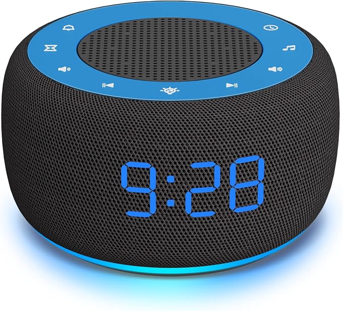 Buffbee Sound Machine & Alarm Clock 2-in-1, Bedroom Sleep Clock | 0-100% Clock Face Brightness, Bottom Colored Light, Sleep Timer, Precise 30-Level Volume Control White Noise Machines