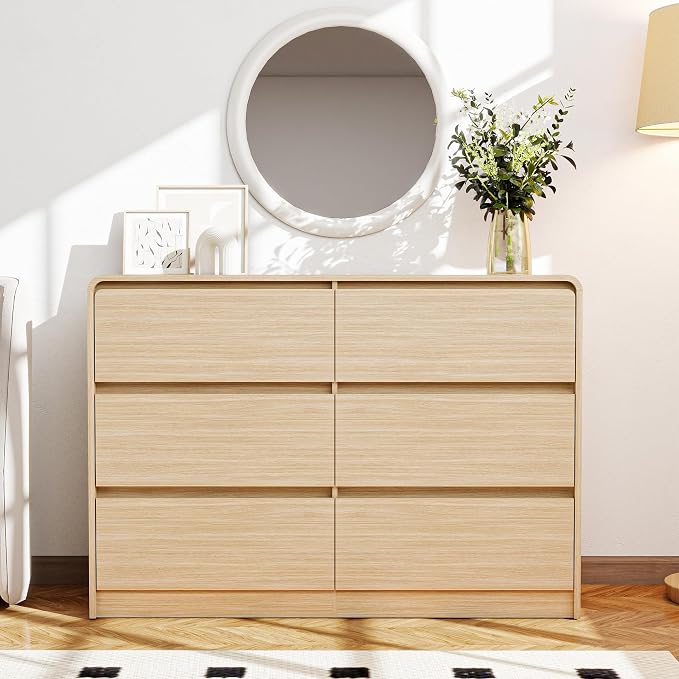 Vibe & Dine 6 Drawer Dresser, Modern Wooden Dressers & Chests of Drawers with Arc Edge Design, 47" Wide Dresser for Closet, Entryway, Bedroom, Natural Wood