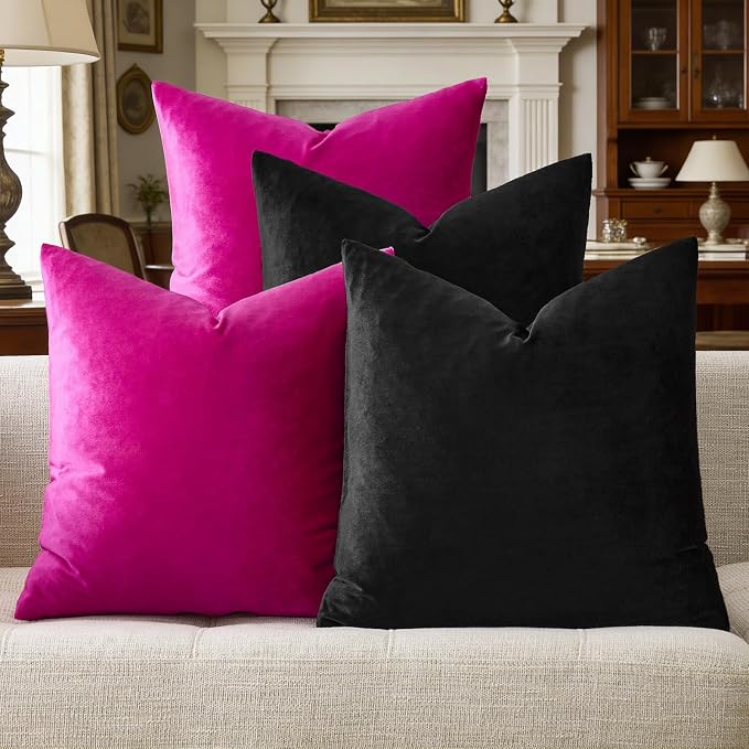 GIGIZAZA Pack of 4 Decorative Velvet Pillow Covers 18x18 Black Hot Pink | Throw Pillows for Couch Sofa,280gsm Soft Textured Fabric,Modern Accent Pillowcases,Luxury Living Room Cushion Covers