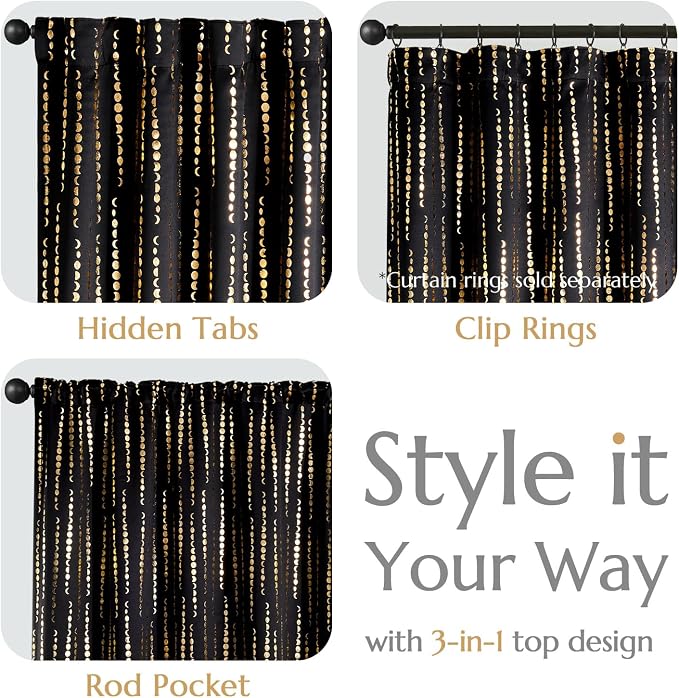jinchan Boho Blackout Curtains 63 Inch Length Moon Phase Printed Drapes | Gold on Black Farmhouse Curtain for Bedroom Living Room Back Tab Rod Pocket Drapes Room Darkening Window Treatment 2 Panels