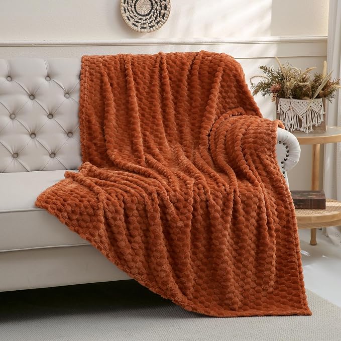 Burnt Orange Throw Blanket 50"×70"Gift for Mom Fuzzy 3D Jacquard Decorative | Flannel Fleece Super Soft Plush Cozy Blanket for Couch Sofa Chair Lightweight