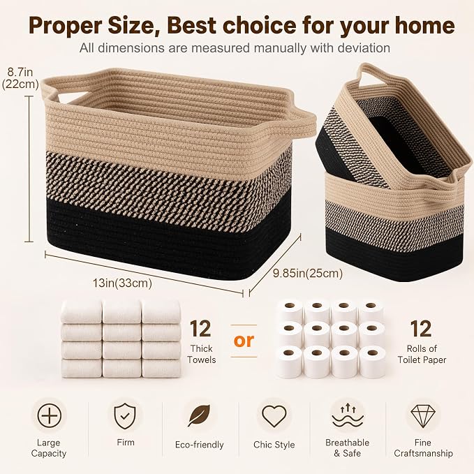 OIAHOMY Storage Basket, Woven Baskets for Storage, Cotton Rope Basket for toys,Towel Baskets for Bathroom - Pack of 3, Black & Brown